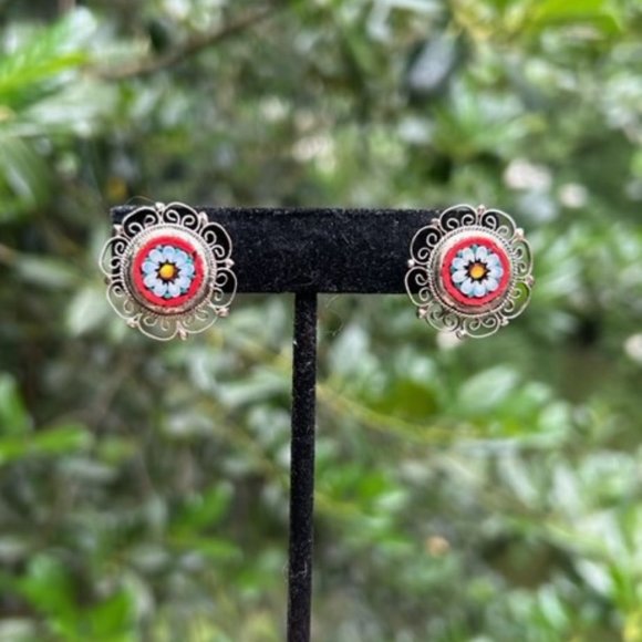 VTG Micro Mosaic Italy RED Glass Bead Flower EARRINGS BROOCH SET - Picture 3 of 8